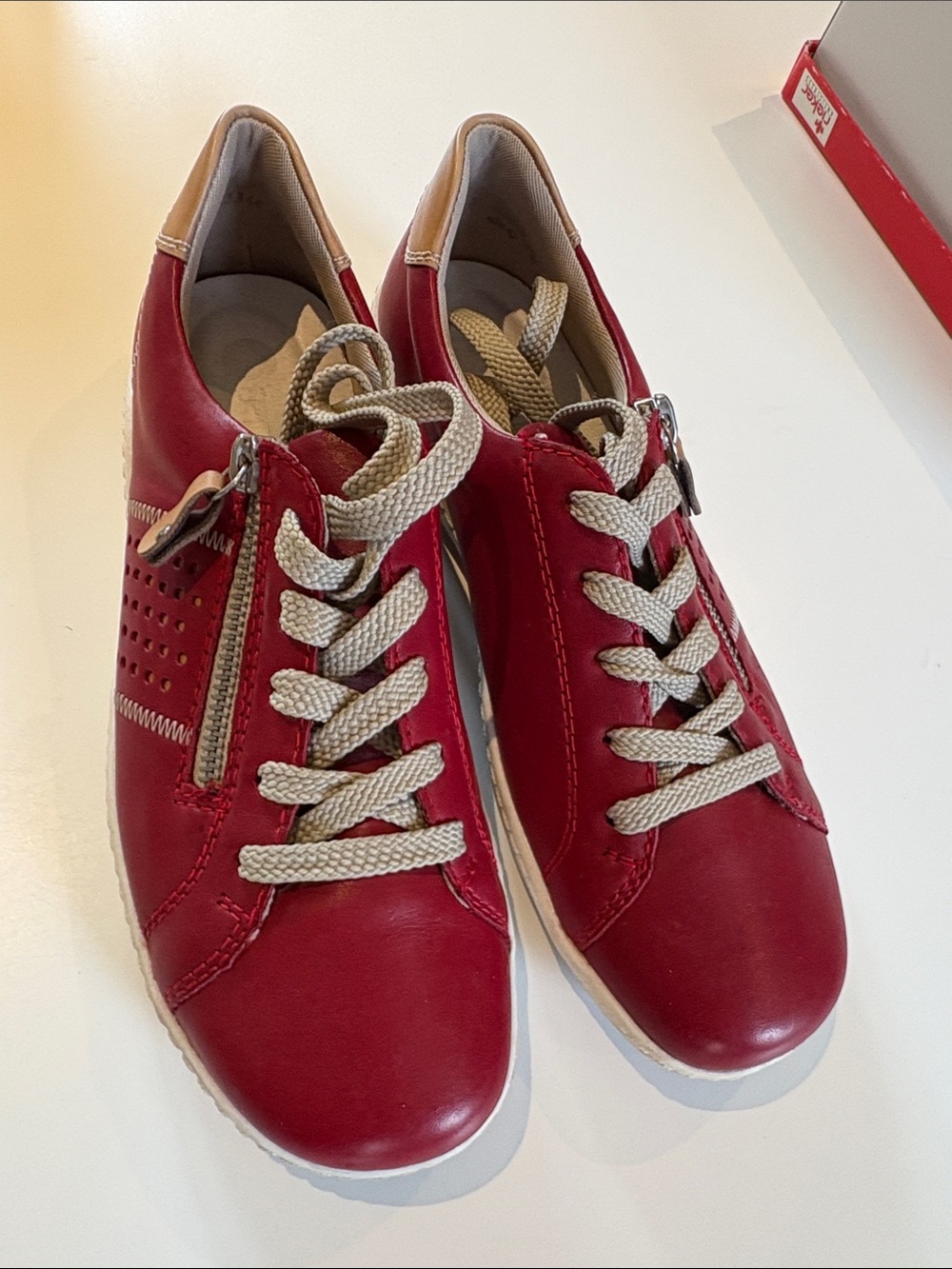 Rieker Red Leather Lace-Up Sneakers with Side Zip